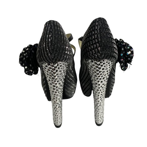 Gatuxus Metallic Platform High Heels Womens 7 Black Silver Straps Flower - Picture 7 of 9
